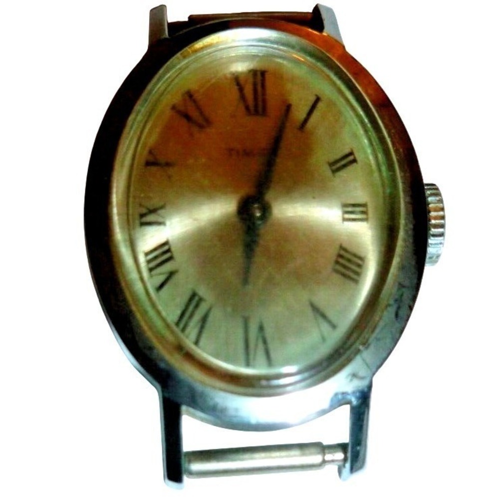 Vintage‎ Timex Ladies Oval Watch Head Silver Tone Roman Numeral Dial Untested